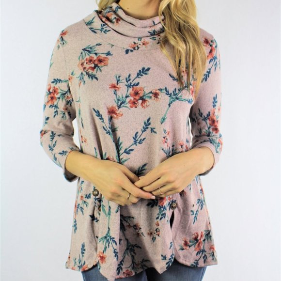 STACKED RACK Tops - Blush Floral Print Cowl Neck Top